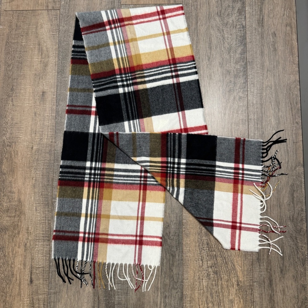 100% Cashmere Plaid Scarf with Fringe Made in England Red Black‎ White Gold